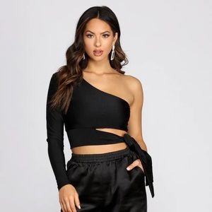 One Sleeve Crop Top with Side Tie - Black Size Small
